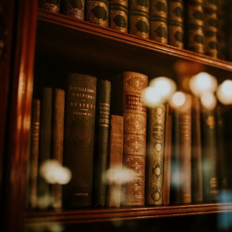 Dimly lit view of a shelf of old books in a library